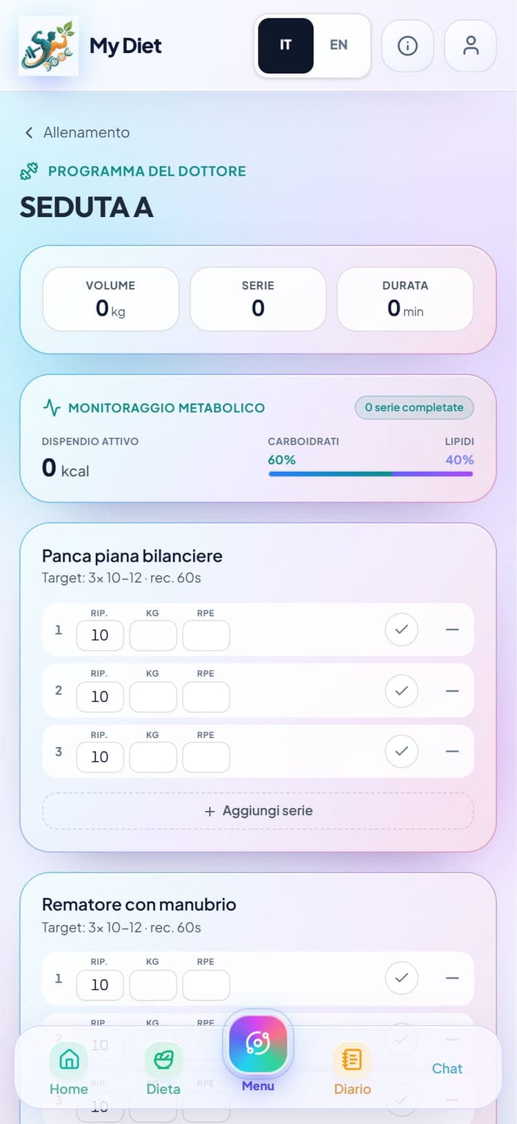 MyDiet allenamento — esecuzione con timer di recupero